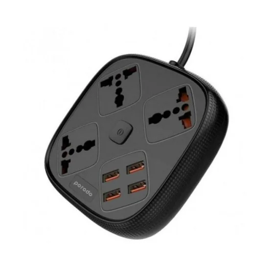 Porodo 3 USB Port 3A + 1 QC 3.0 with 3 Universal Power Sockets 10A - Black